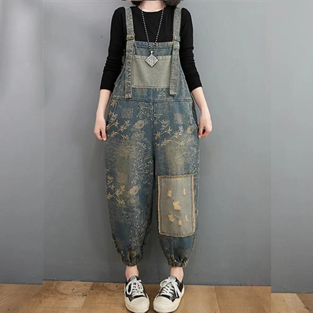Джинсовый комбинезон с широкими штанинами джинсовый в стиле ретро на бретелях