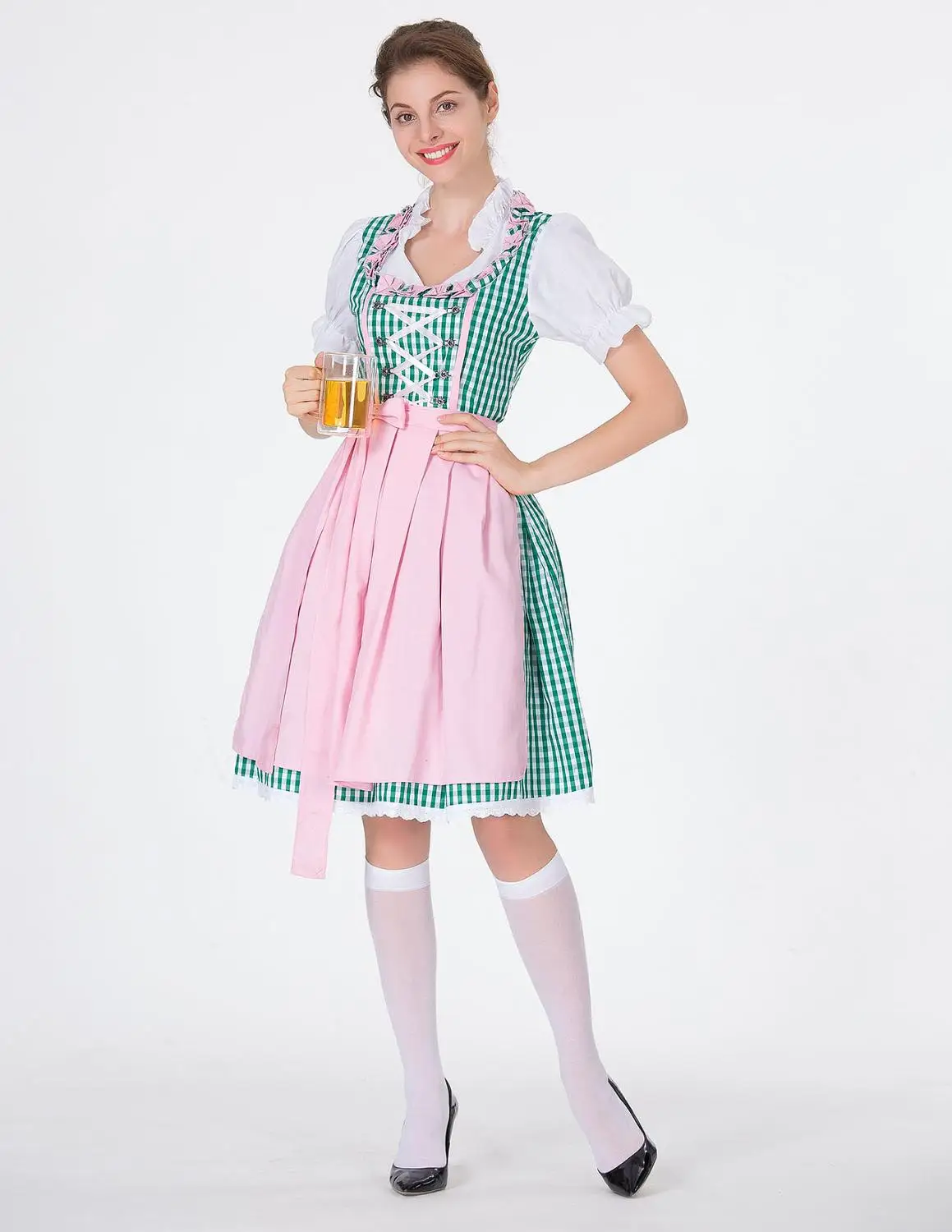 

Green Plaid Adult Ladies Beer Outfit Bavarian Oktoberfest Dirndl Short Wench Fancy Dress