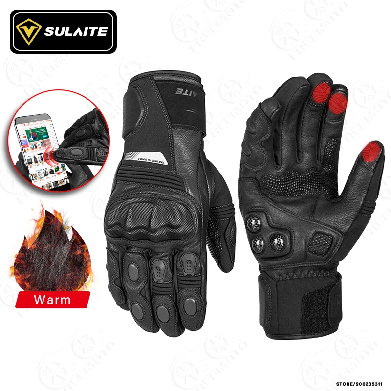 

SULAITE Motocross Gloves Leather Winter Warm Waterproof Motorcycle Guantes Moto Loves Motorbike Full Finger Touch Screen Gloves