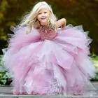 Розовое Пышное Платье с аппликацией для девочек, без рукавов, блеск сверкающий бисером, бальное платье для свадьбы, длина до пола, платья с цветочным узором для девочек