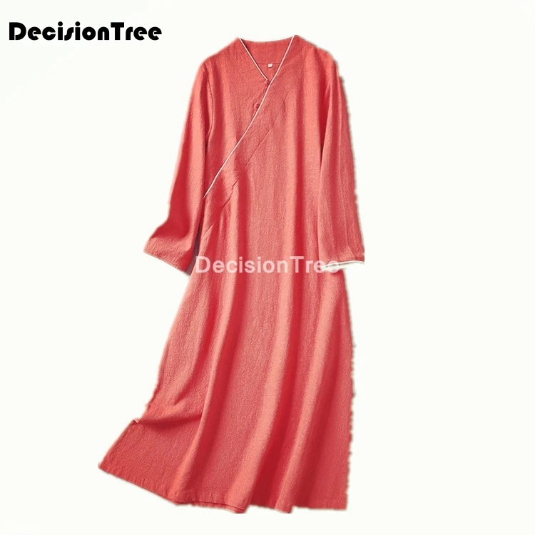 

2021 retro improved cheongsam girls cotton linen lattice qipao traditional daily modern cheongsam full sleeve oriental dresses