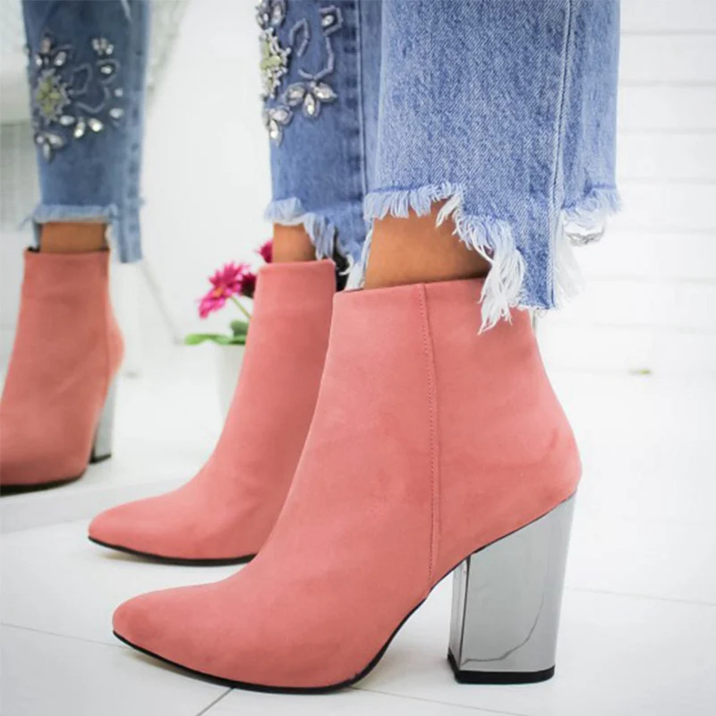 

Basic Casual Female Fashion Ladies Shoes Dropshipping Women Zip Ankle Boots Womens Pointed Toe Flock Fashion Chunky High Heels