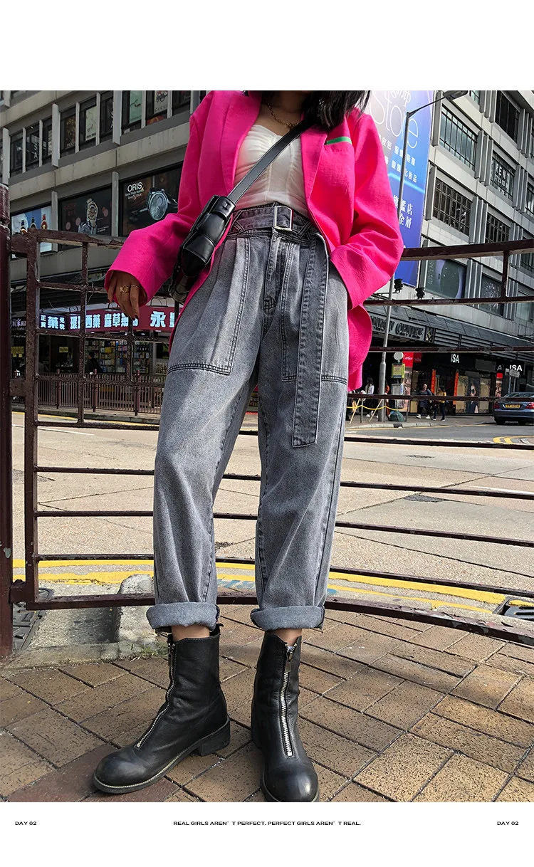 

Retro High Waist grey jeans women's fashion straight jeans women's casual jeans Street plus size mom jeans 2020 Black Jeans