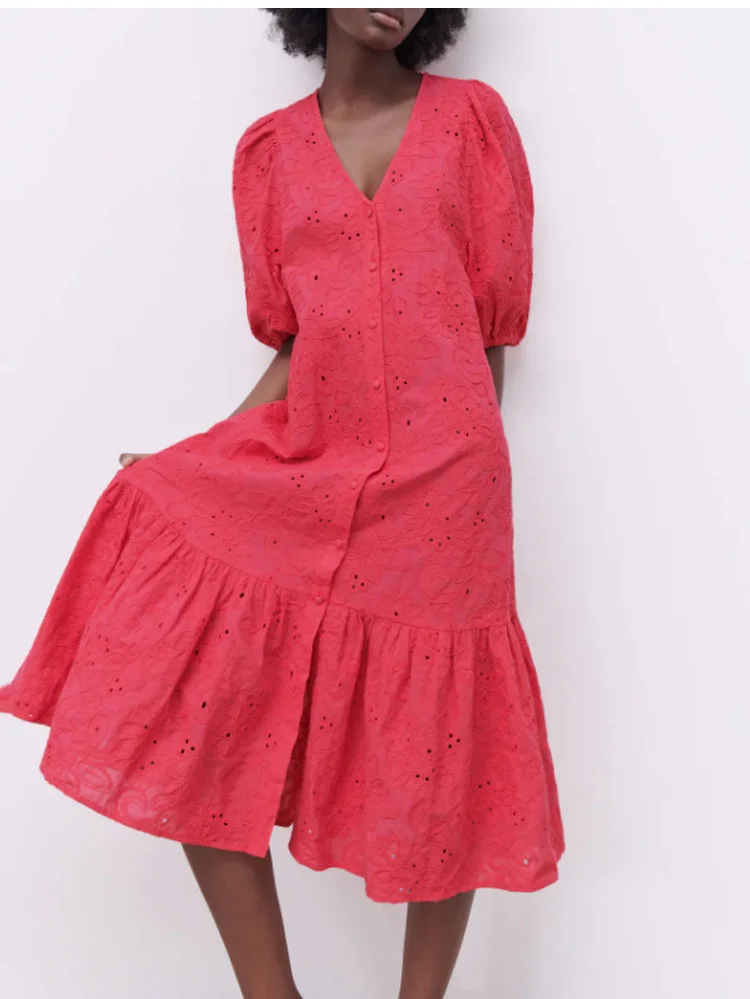 

Женское хлопковое платье с вышивкой, красное повседневное длинное платье с V-образным вырезом и коротким рукавом, с вырезами, лето 2021