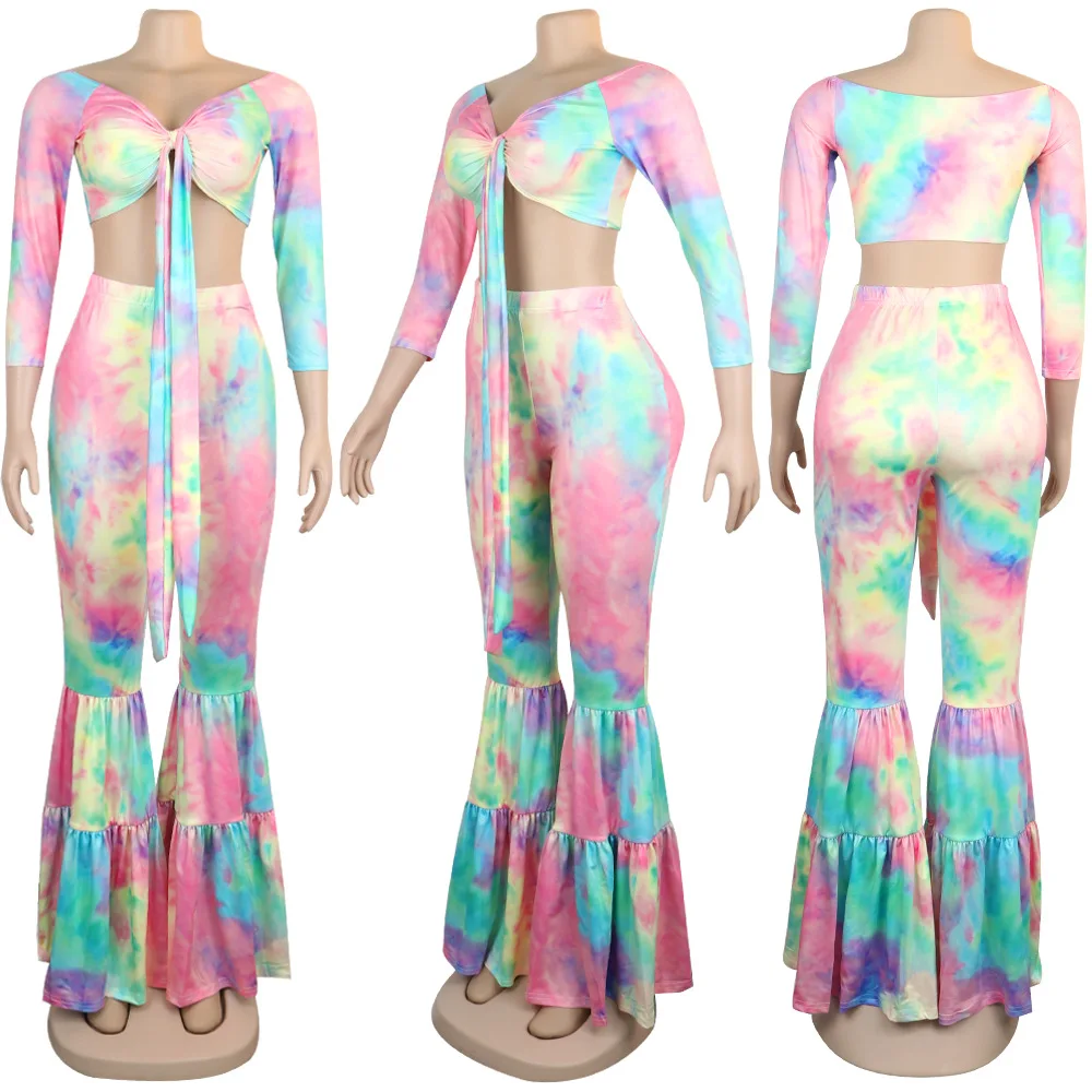 2019 women summer tie dye black hole galaxy up off the shoulder crop top flare long pants suit two piece set tracksuit K8803 | Женская