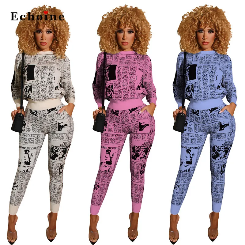 

Женские спортивные костюмы, Модный комплект из двух предметов с принтом, повседневный топ с капюшоном и длинные брюки с круглым вырезом, ули...