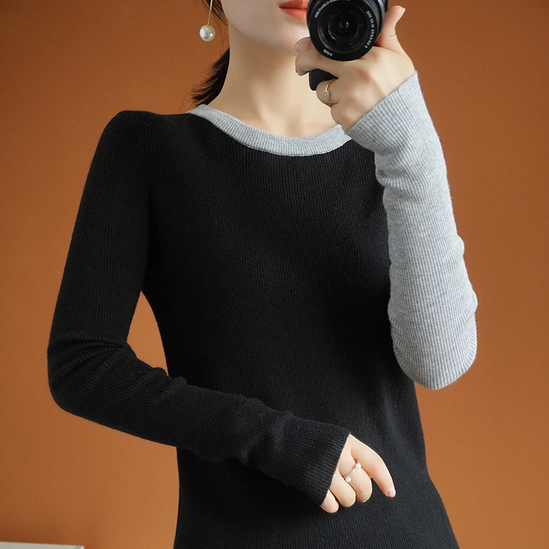 

women worsted wool sweater patchwork long sleeves slim soft basic shirt stylish female pullover spring fall top round neck