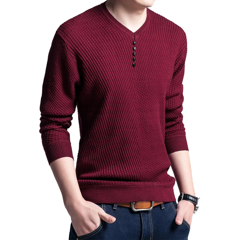 

2019 New Men's Fashion Solid Color Long Sleeves Knit T-shirt Mens Loose Slim Fit V-neck Button Casual Pullovers Slim Fit T-shirt