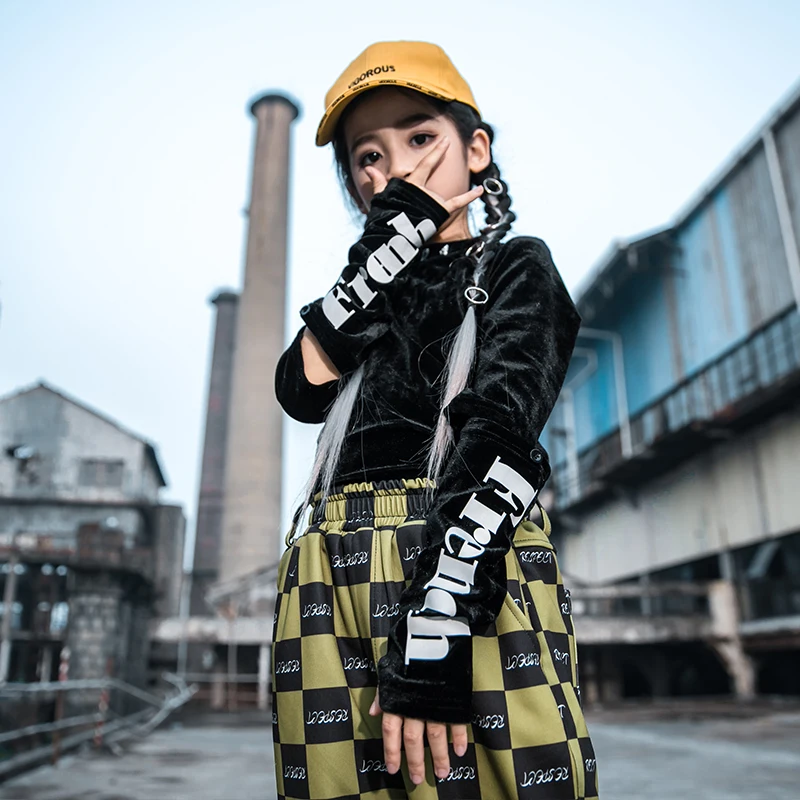 Детские костюмы в стиле хип-хоп Модный черный топ с длинными рукавами для девочек