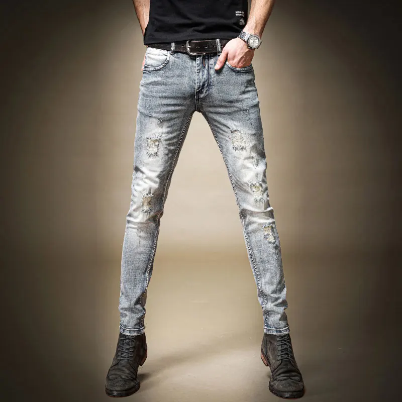 European Vintage Fashion Men Jeans Retro Blue Elastic Slim Fit Ripped Jeans Men Streetwear Designer Destroyed Denim Punk Pants