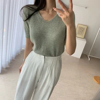 clothing for women summer 2022 short sleeve loose womens sweater fashion casual green v neck knitted tshirt top female