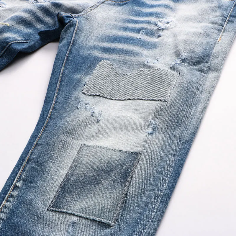 European Street Style Fashion Men Jeans Retro Blue Slim Fit Destroyed Ripped Jeans Men Patches Designer Hip Hop Denim Punk Pants