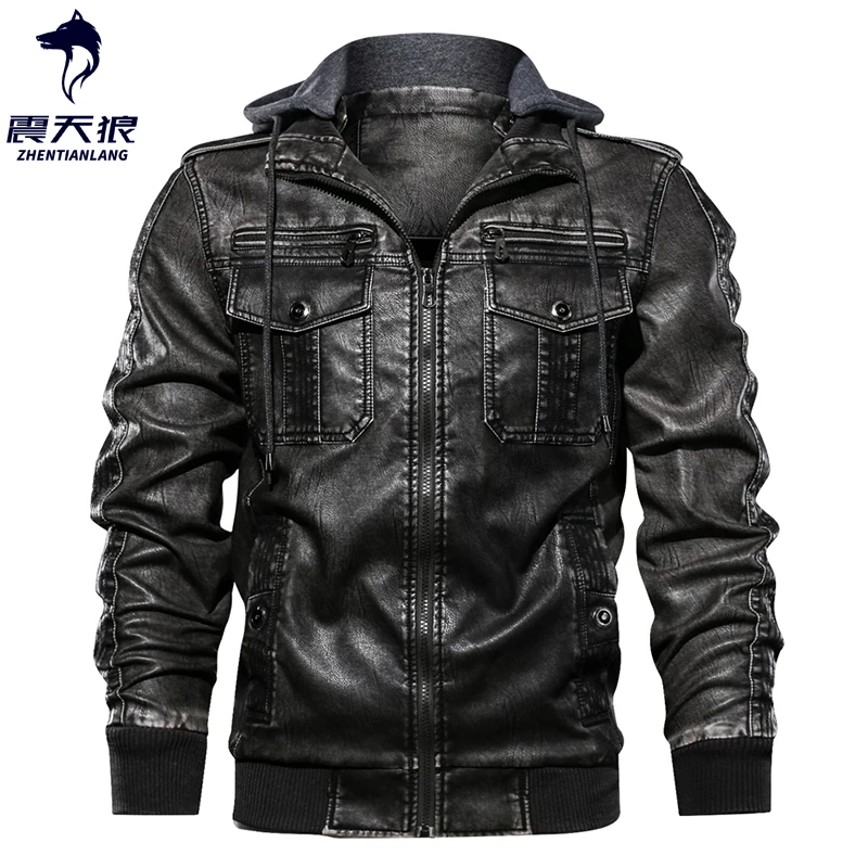 Мужская мотоциклетная куртка из ПУ кожи с капюшоном европейские размеры|Куртки