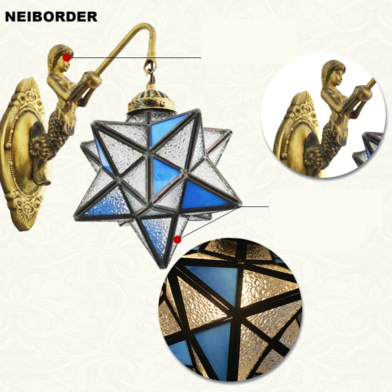 

Tiffany Fashion Mermaid Stars Wall Light Bedroom Bedside Wall Lamp Mediterranean Stained Glass Mirror Front Lamp Sconce Fixtures