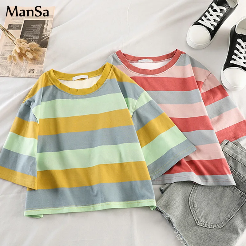Корейские кавайные радужные полосатые футболки летние новые Графические
