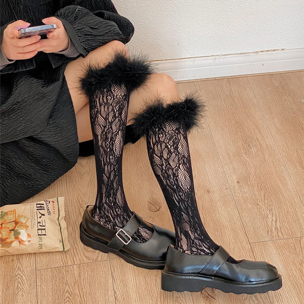 

Lolita Lace Socks Women Sweet Feather High Knee Socks Female JK Hollow Long Stockings Leg Girls Streetwear Dress Calcetine mujer