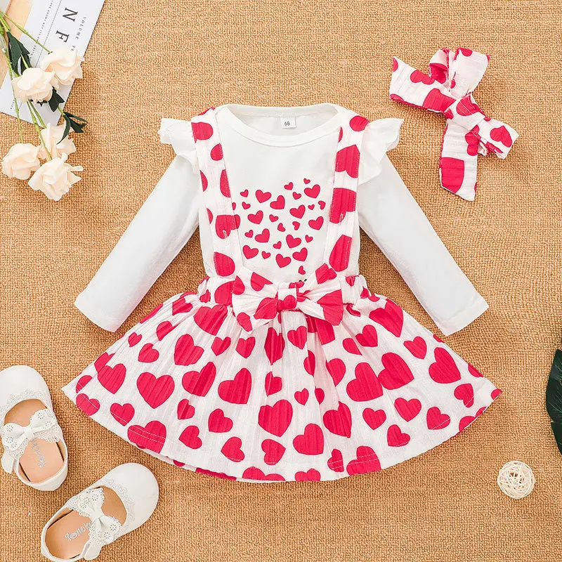 

Newborn Girl Sweet Print Full Love Romper + Strap Dress 2PCS Infant Baby Fall Cute Cartoon Elephant Ruffle Bodysuit Outfits Set