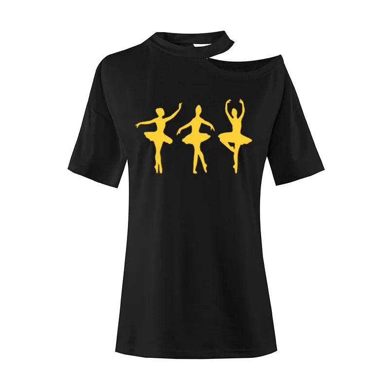 

Футболка женская с коротким рукавом и принтом, милая Асимметричная пикантная рубашка с открытыми плечами для танцев балерины, балета, девуш...
