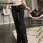 Джинсы-клеш Rapcopter женские с металлической молнией, готические черные брюки-карго с низкой талией, с карманами, академические модные спортивные штаны в стиле панк, корейские джинсы