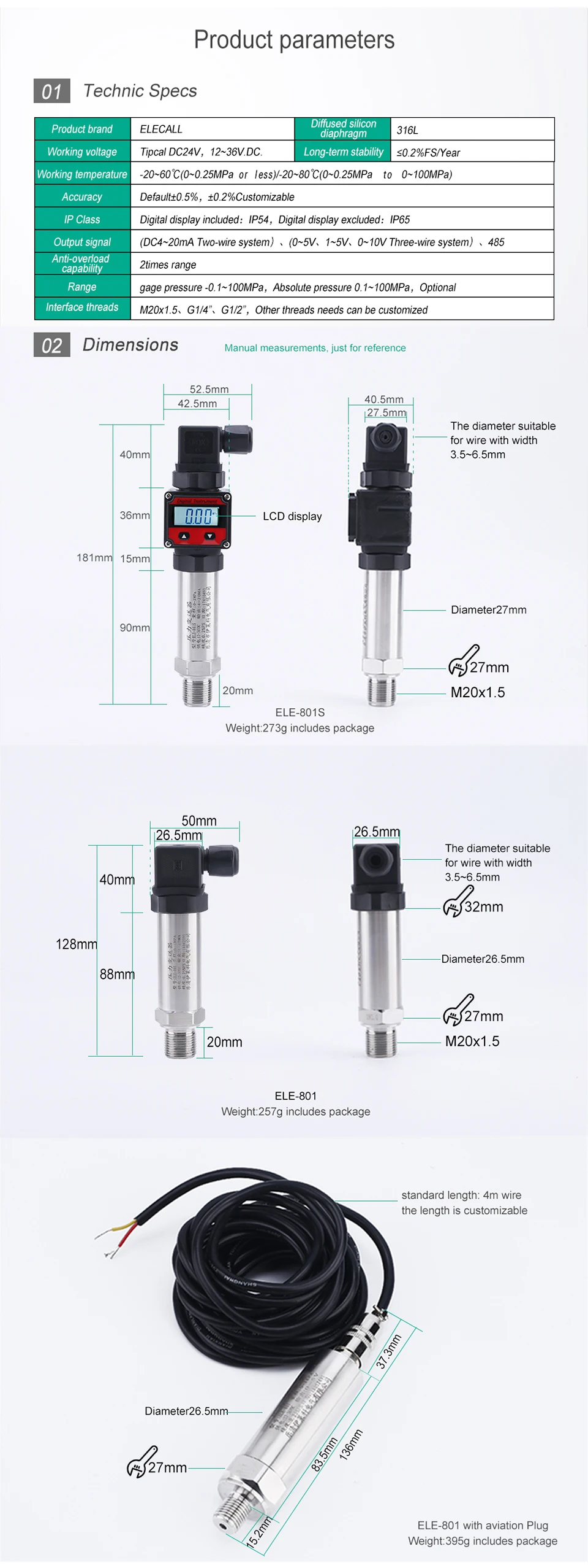 ELECALL ELE-801/ELE-801S датчик давления Передатчик Датчик ЖК-цифровой диффузионный кремниевый датчик давления масло Воздух Вода