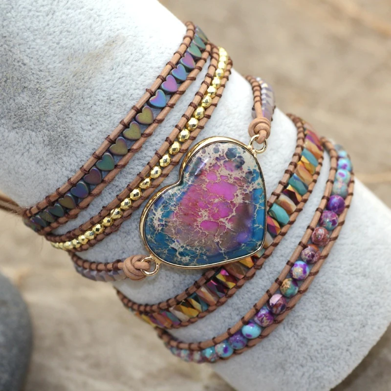 

Handmade Natural Heart Stones Charm 3 Strands Wrap Bracelets Boho Crystal Hematite Gem Bead Mix Women Leather Bracelet