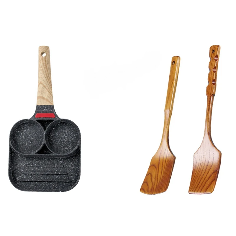 

2Pcs Natural Wooden Turner Long-Handled Wood Shovel Spatula & 1X 2-Hole Frying Pot Pan Thickened Omelet Pan