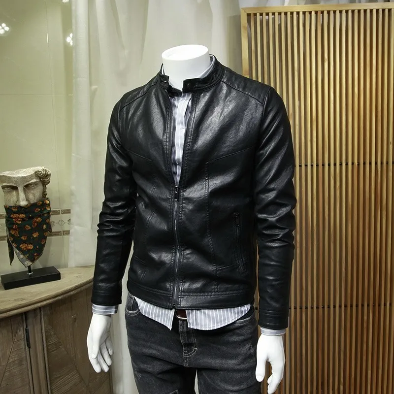 Модные корейские однотонные облегающие мужские Куртки из искусственной кожи со