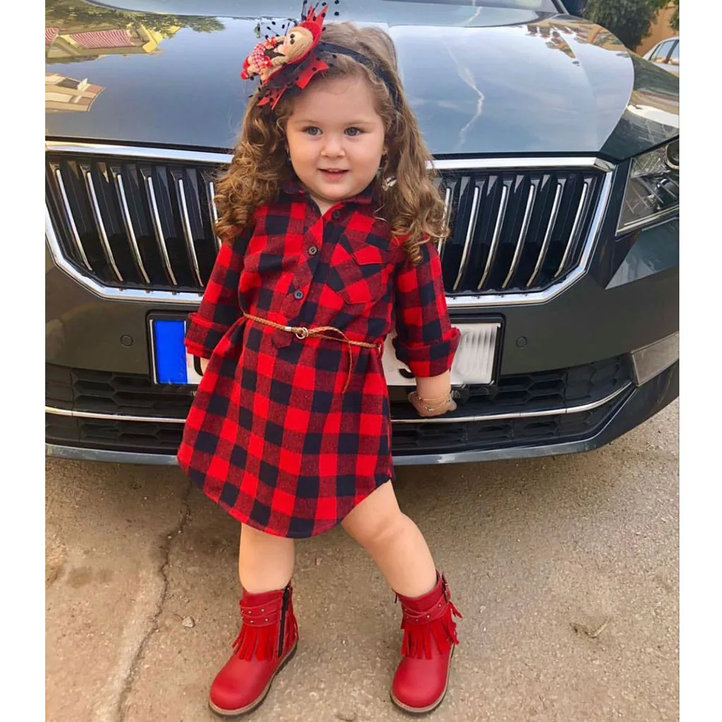 2019 г. платья принцессы в клетку для маленьких девочек одежда с поясом Одежда