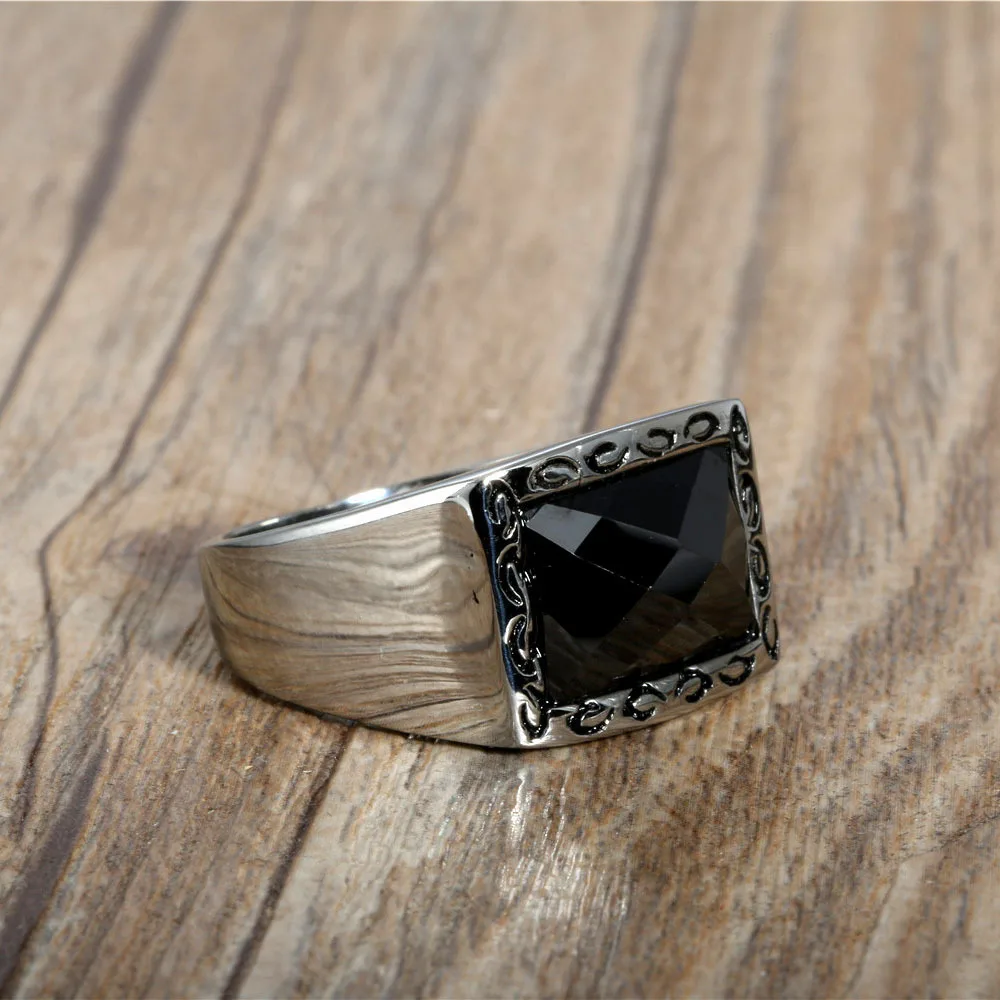 

Fashion Men's Carved Black Ring Black Stone Ring Charm Ring Punk Hip-Hop Ring for Men