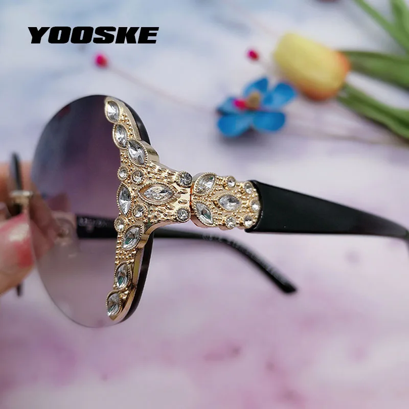 

YOOSKE Large Frame Imitation Diamond Sunglasses Women Luxury Brand Frameless Sun glasses Female Blue Powder Color Eyewear UV400