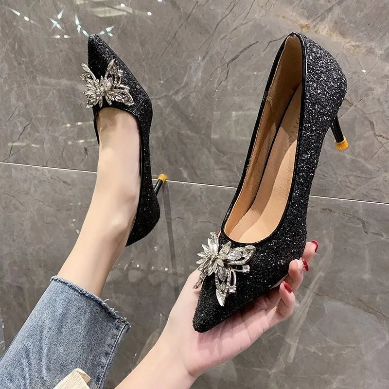 

2021 New Luxury Butterfly Crystal Designer High Heels Women Pumps Pointed Toe Ladies Party Sandals Shallow Fashion Single Shoes