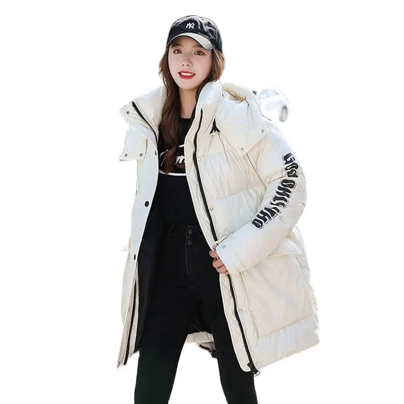 Parka Winter Women's 2021 New Korean Glossy Letter Printed Black Puffer Jacket Thick Warm Women Hooded Loose Long Quilted Coat