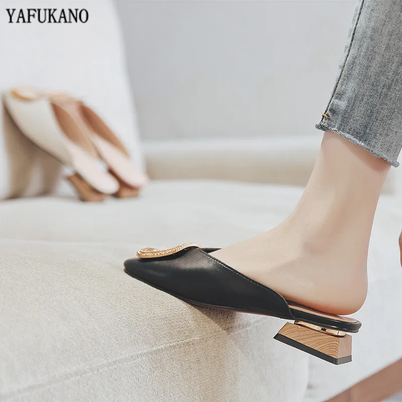 Designer Women Pumps Slippers Slip on Mules Low Heel Casual Shoes British Wooden Block Heels 2020 Summer Footwear 32 33 43 | Обувь