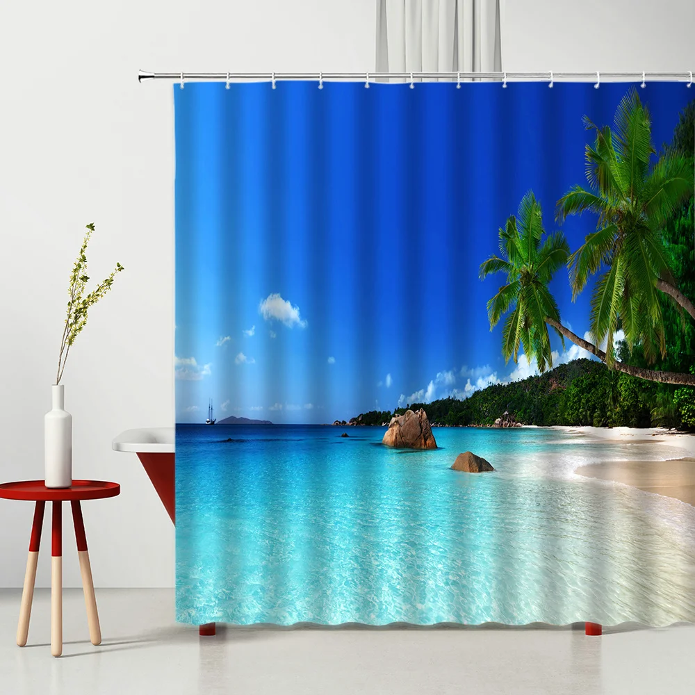 

Scenery Shower Curtain Sandy Beach Bird Shell Islands Coconut Tree Bathtub Decoration Photographic Background 240X180cm