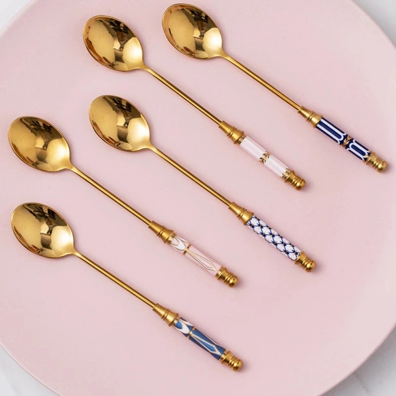 Stainless Steel Dessert Spoon Ceramic Long Handle Icecream Spoon Teaspoon Gold Coffee Cake Fruit Milk Spoon Kitchen Tableware