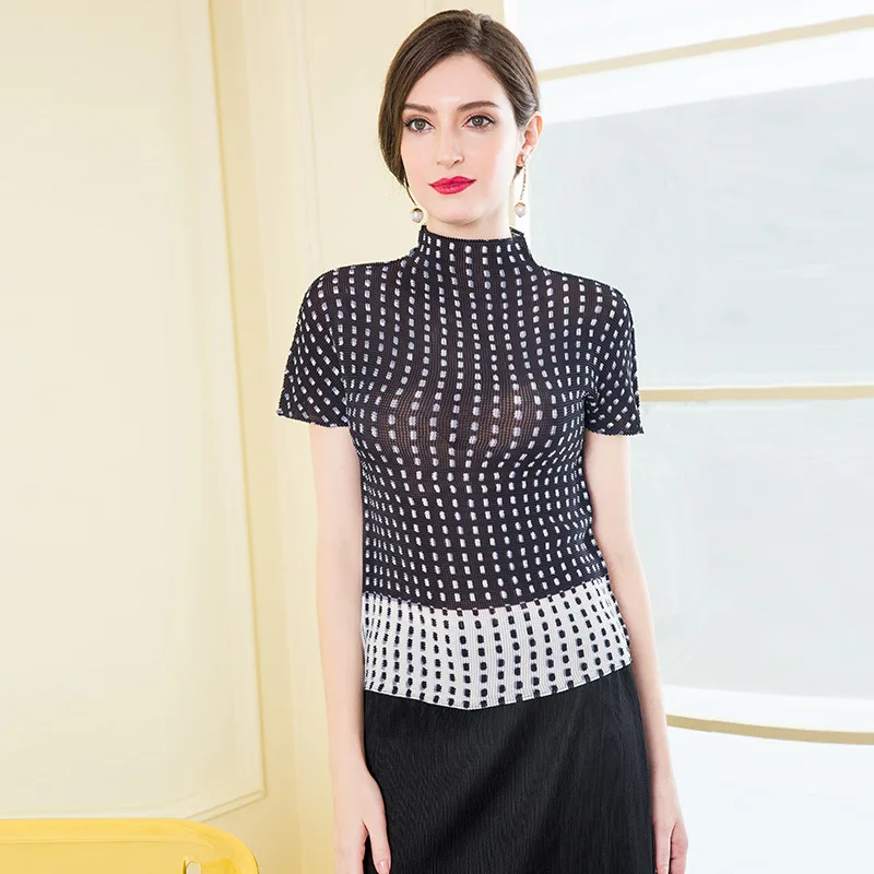 

TVVOVVIN Half High Collar Pleated All-match Top Women's Short Sleeve Summer New Print Slim Casual Elasticity T-shirt FR4K
