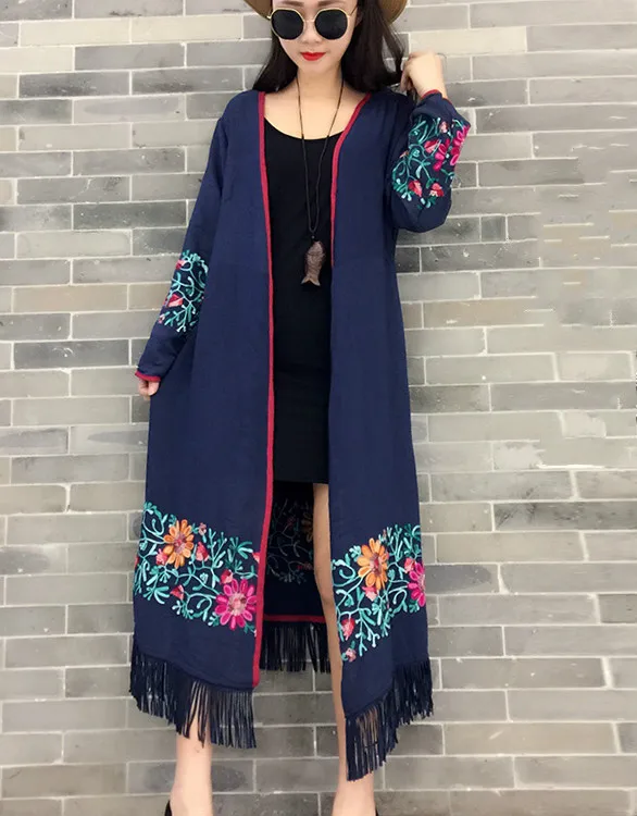 Женские льняные кимоно с вышивкой размера плюс Длинные рубашки кисточками из