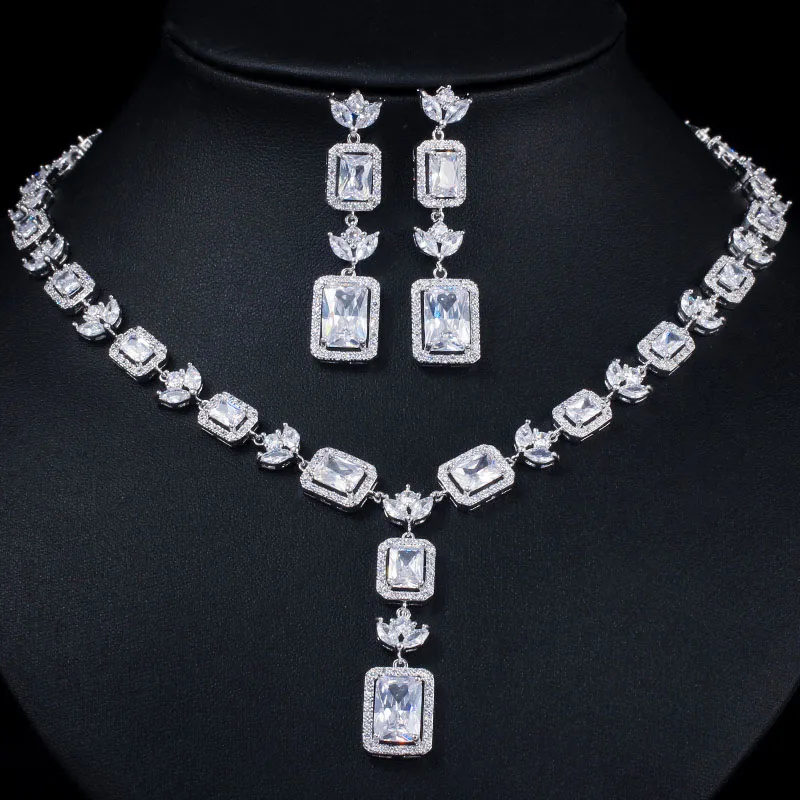 white CWWZircons квадратный вырез красный фианит камень для женщин Свадебная вечеринка ожерелье ювелирные изделия комплекты для невест костюм аксессуары T369 - Окраска металла: white