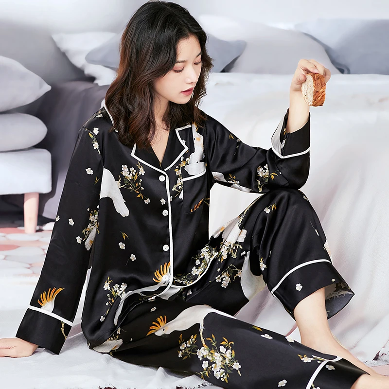 100% Real Silk Pajamas for Women Print Sleepwear Ladies Full-Sleeves Pijamas Luxury Black Nightwear Silk Pyjama Nighties Femme