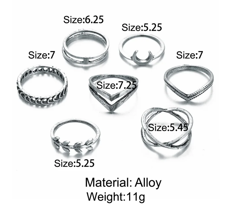 

Women Fashion Moon Leaf Cross Creative Retro Simple Joint Ring 7 Pcs/Set