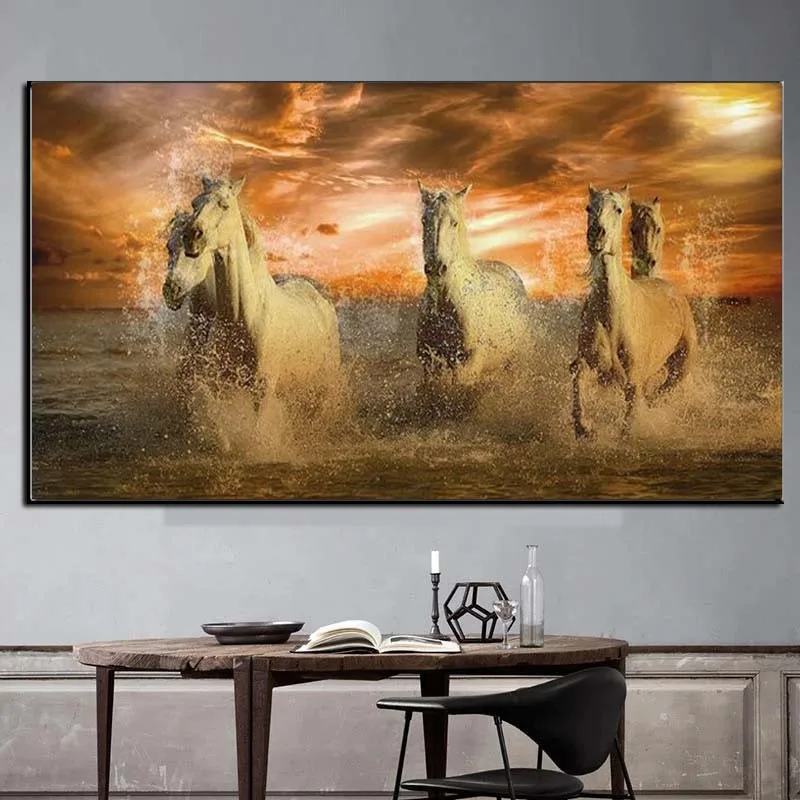 

Running Horses on the Beach Wall Art Posters Animals Art Canvas Paintings On the Wall Decor Sunset Seascape Art Pictures Cuadros