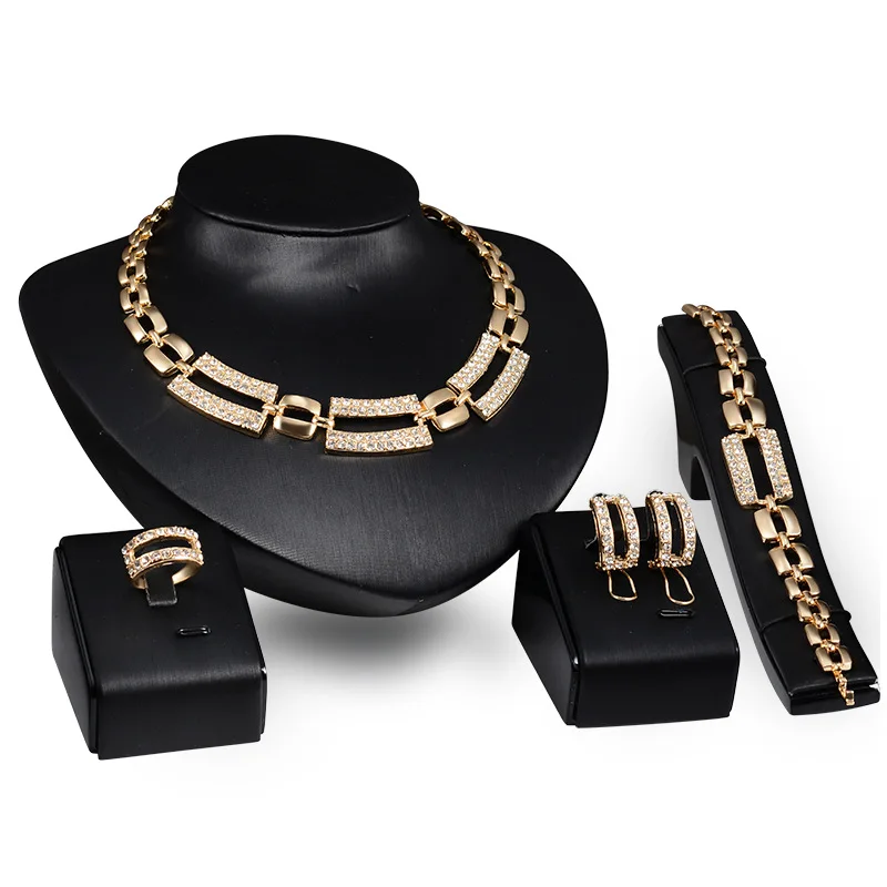 

Trendy Metal Gold Geometric Chain Earrings Ring Necklace Set for Women Wedding Jewelry Set Statement Bride Accessories Party New