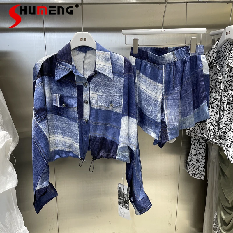 

Женский костюм из двух предметов, свободный клетчатый короткий пиджак с лацканами и шорты с широкими штанинами, тонкий костюм из двух предм...