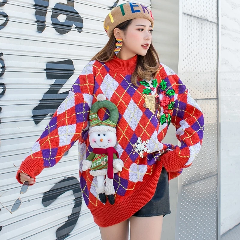 Тайская уличная мода Женский Рождественский свитер ретро красный свободный
