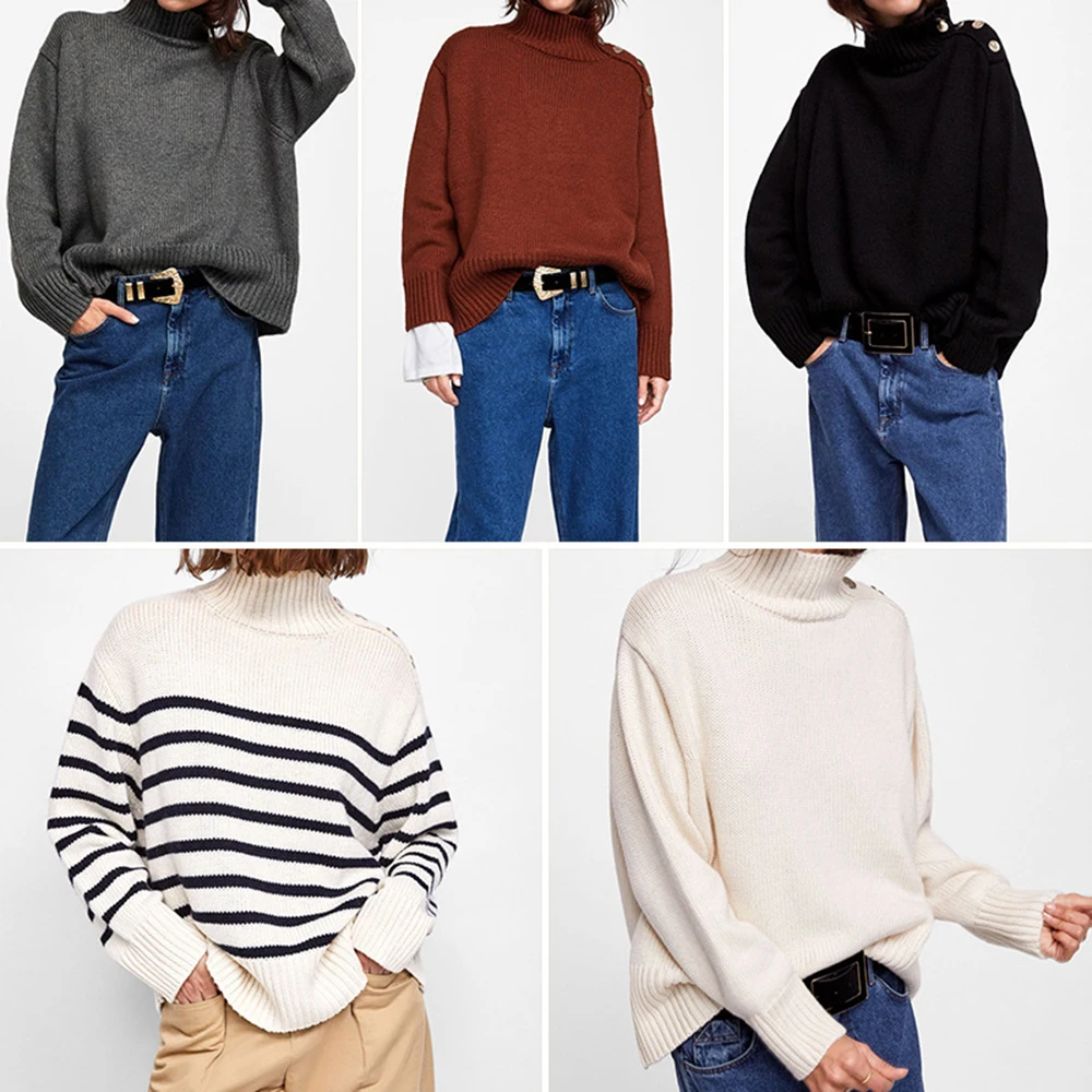 ZA Women's Turtleneck Sweater Five Colors Optional Thick Warm Side Button Decoration Loose Version Regular | Женская одежда