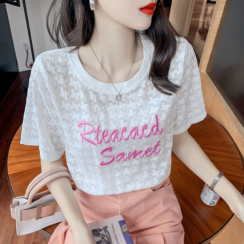 

GGRIGHT O-Neck Hollow Out Letter Embroidery Tshirt 2021 Women Summer T Shirt Harajuku Cotton Short Sleeve Tops Tees Femme