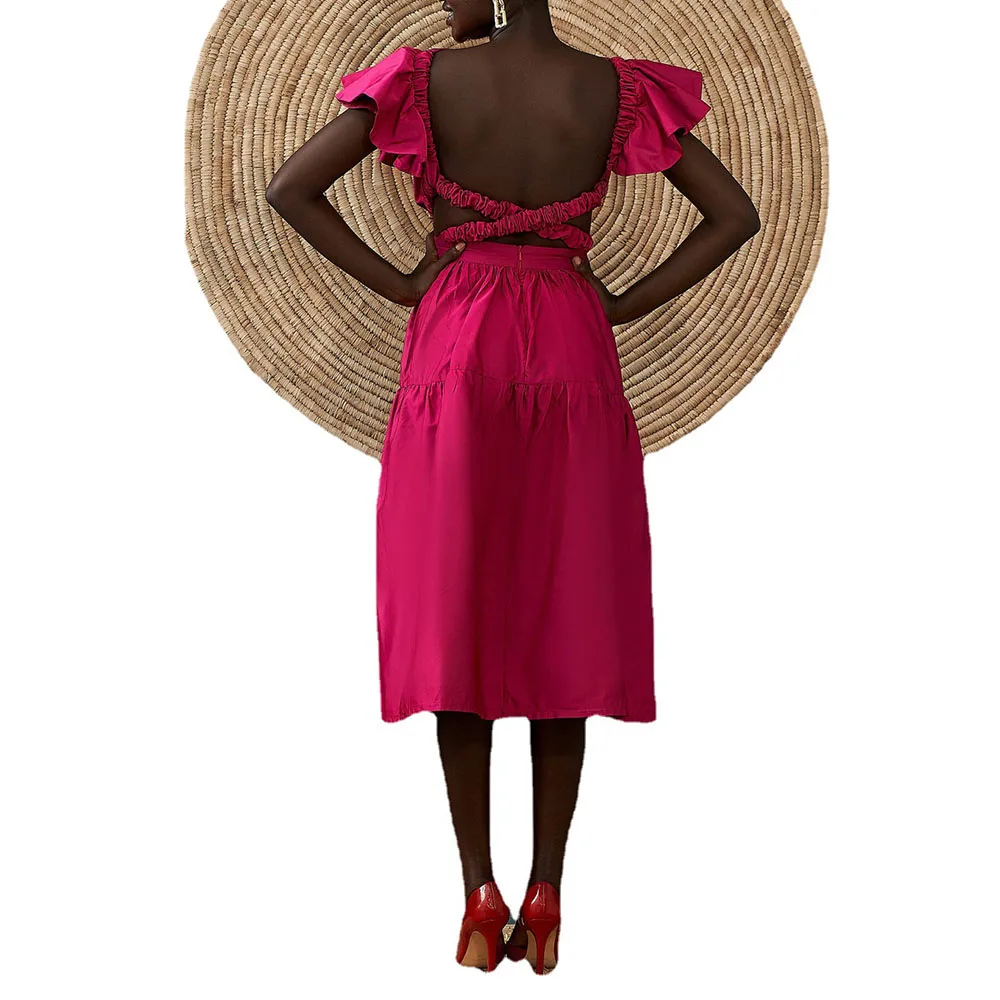 

African New 2021 High Waist Solid Color Temperament Commute Hollow Out Backless Sexy Women's Dress Lotus Sleeve Round Neck