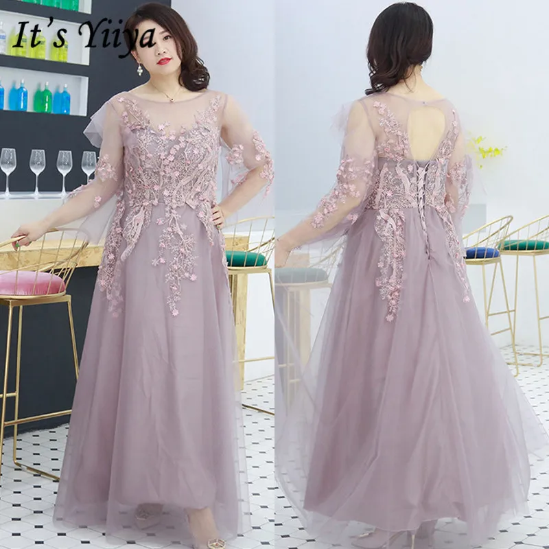 

It's Yiiya Evening Dress Plus Size O-Neck Illusion A-Line Robe De Soiree DX023 Floor-Length Crepe Appliques Dress Woman Party