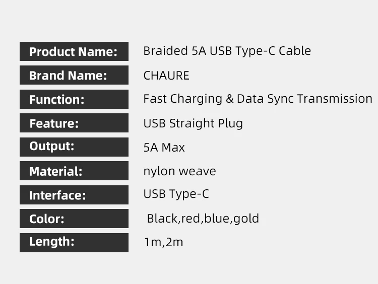 CHAURE usb type C кабель 5a для huawei Xiaomi мобильный телефон кабель для быстрой зарядки синхронизации данных type c кабель для быстрой зарядки 1 м 2 м