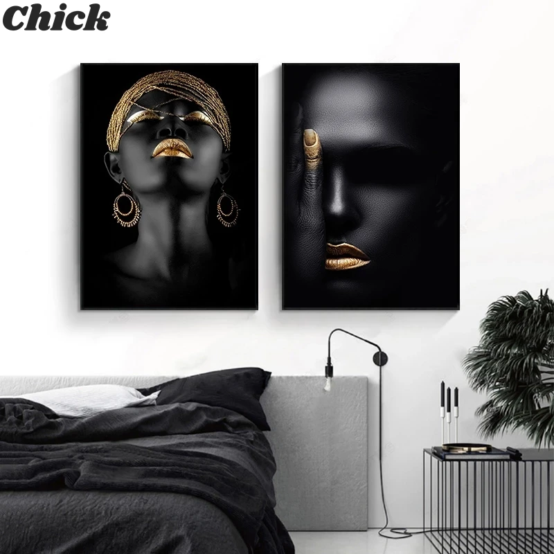 

African Woman Poster Black Gold Modern Canvas Painting Nordic Posters And Prints Wall Art Pictures For Living Room Home Decor